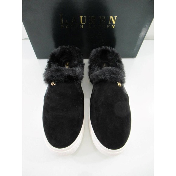 Ralph Lauren Jinny Mules Slip On Sneaker Cozy Faux Fur Trim Suede Black - Picture 6 of 8
